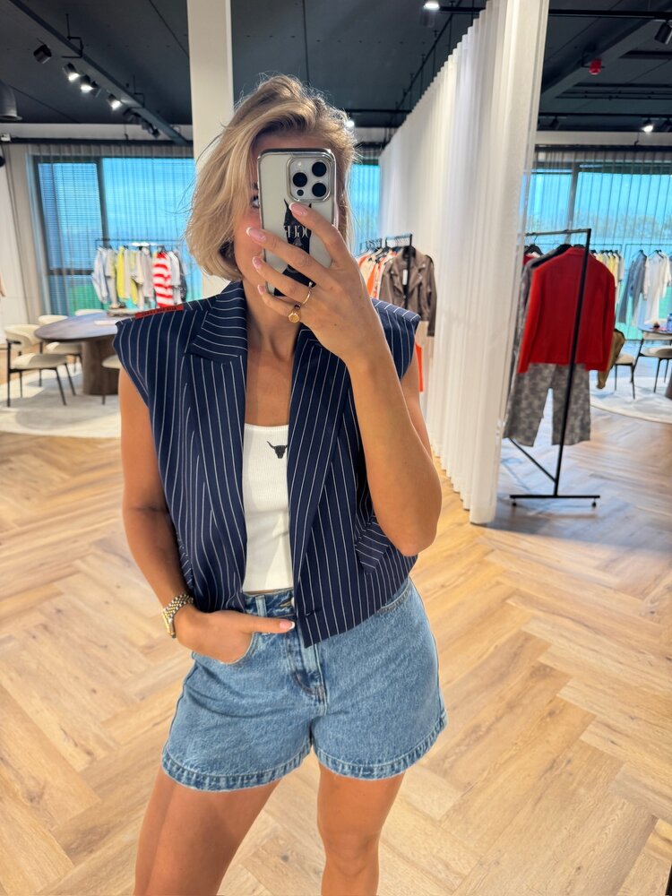 Alix The Label Ladies Woven Striped Waistcoat Navy