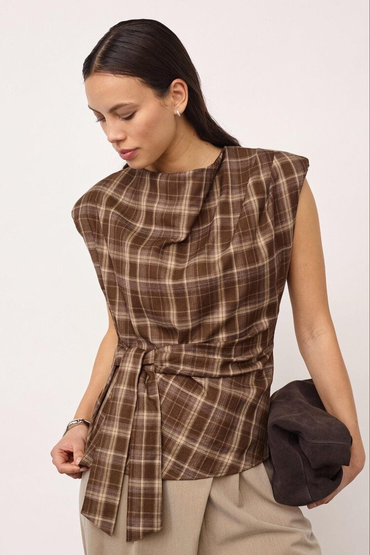 Co'Couture DagnyCC Check Pleat Top Brown