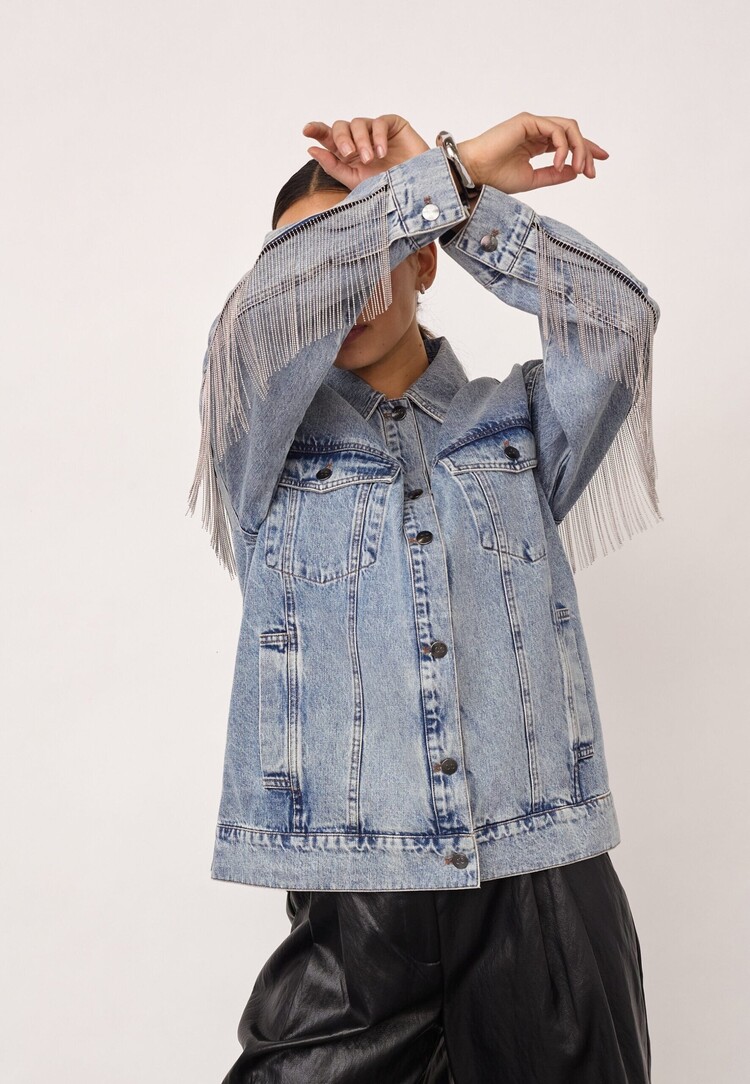 Co'Couture DeniceCC Denim Fringe Jacket Bleach Denim