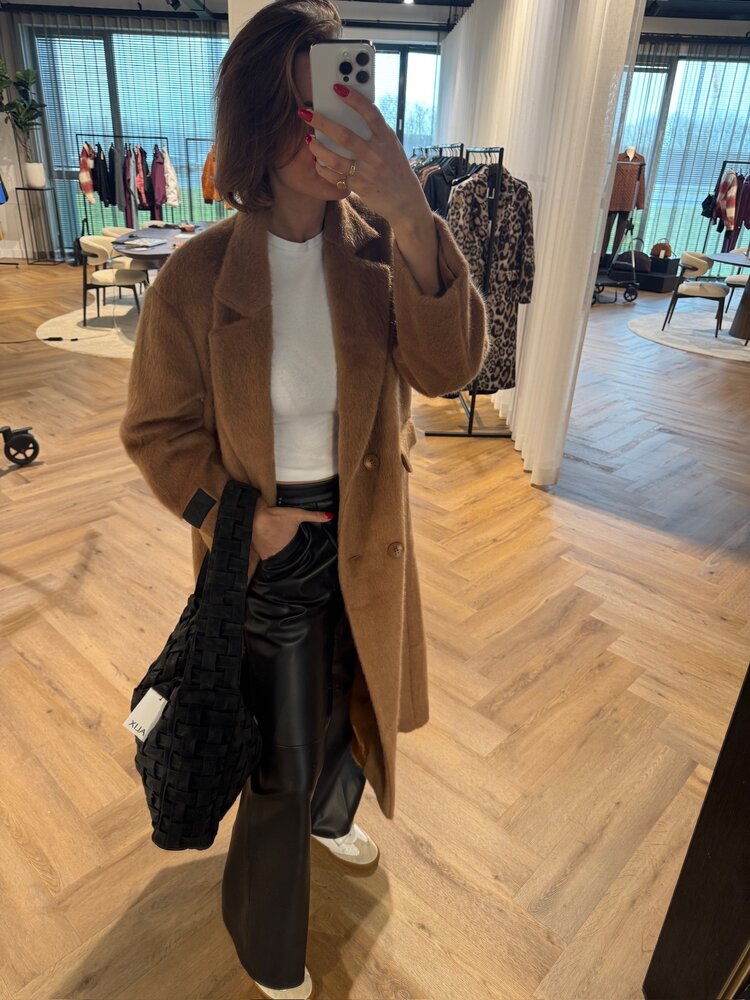 Alix The Label Ladies Woven Long Hairy Coat Camel