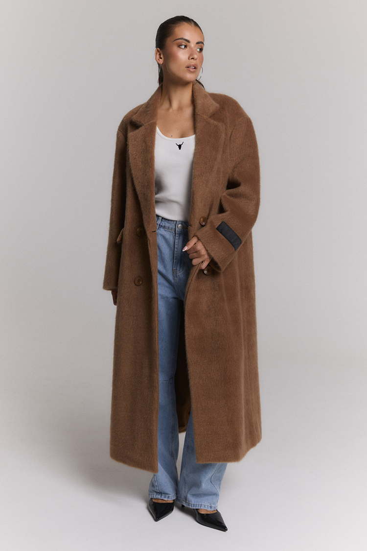 Alix The Label Ladies Woven Long Hairy Coat Camel