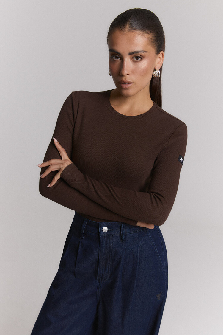 Alix The Label Ladies Knitted Rib Longsleeve T-Shirt Warm Brown