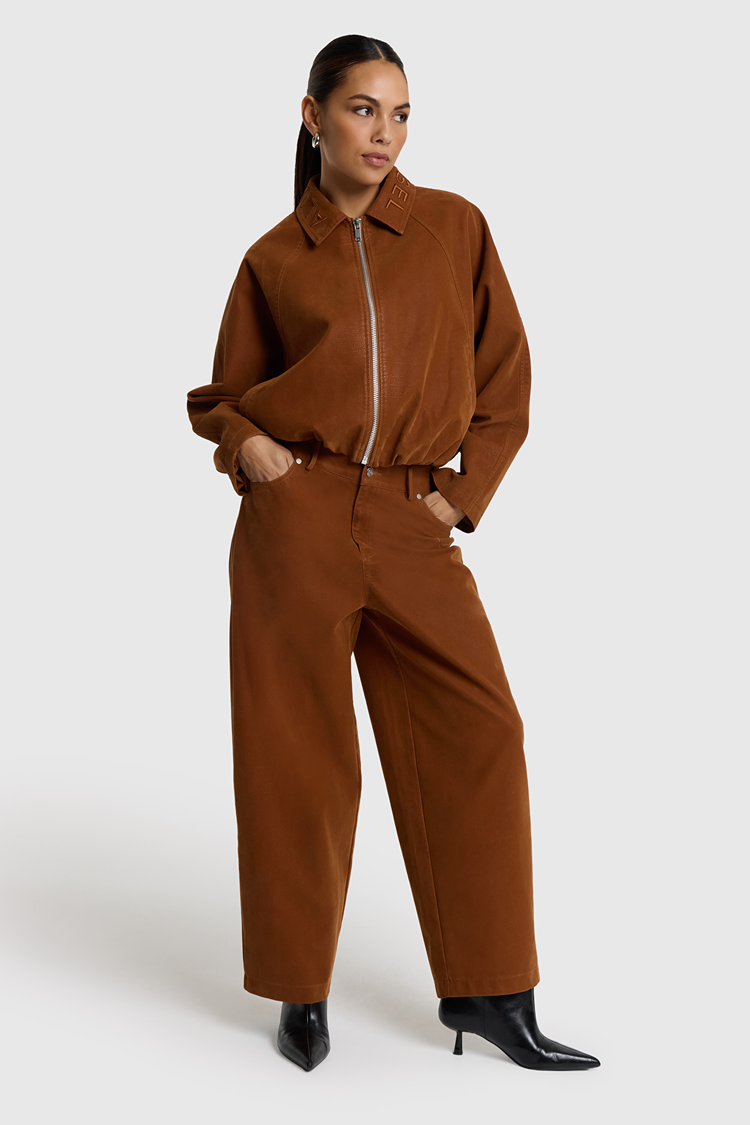 Alix The Label Ladies Woven Faux Suede Pants Cognac