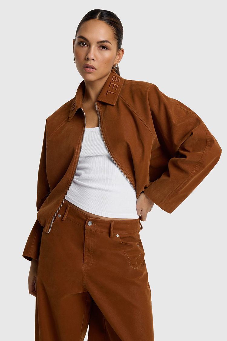 Alix The Label Ladies Woven Faux Fur Suede Ballon Jacket Cognac