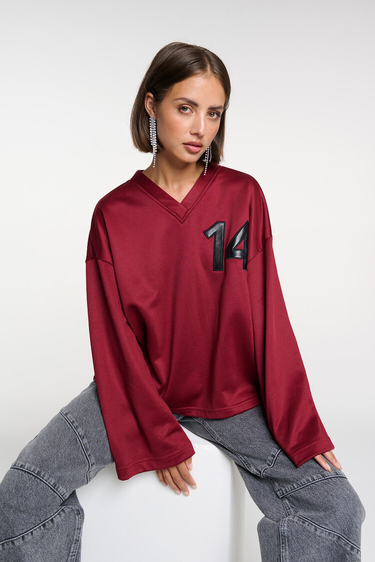 Alix The Label Ladies Knitted Baseball Sweater Bordeaux