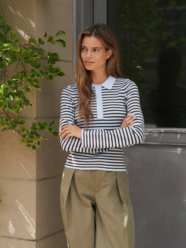 Neo Noir Fannya LS Striped Knit Polo Light Blue Stripe