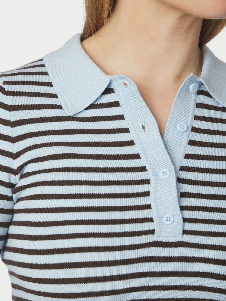 Neo Noir Fannya LS Striped Knit Polo Light Blue Stripe
