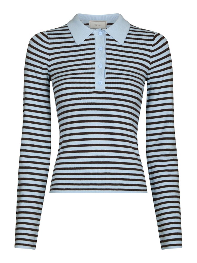 Neo Noir Fannya LS Striped Knit Polo Light Blue Stripe