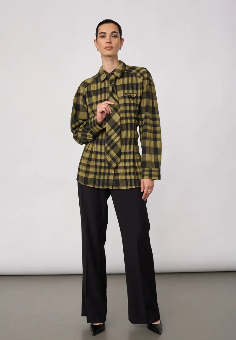 Co'Couture KyelCC Check Tie Pleat Shirt Army