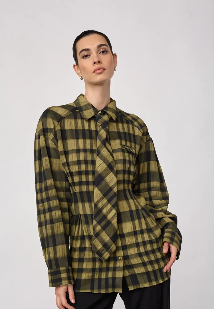 Co'Couture KyelCC Check Tie Pleat Shirt Army