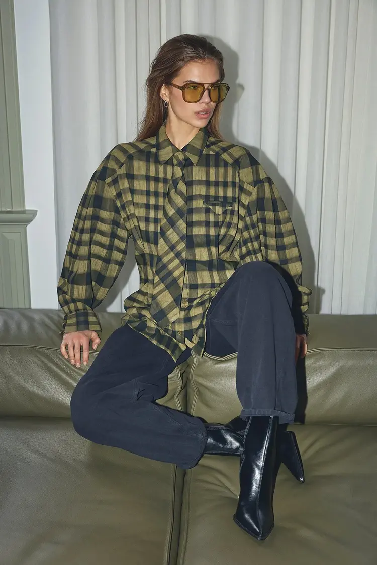 Co'Couture KyelCC Check Tie Pleat Shirt Army