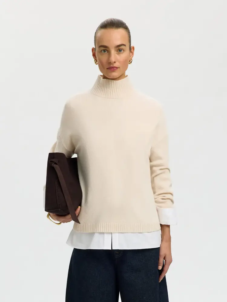 Selected Femme Cille Cashmere Blend High Neck Noos Snow White