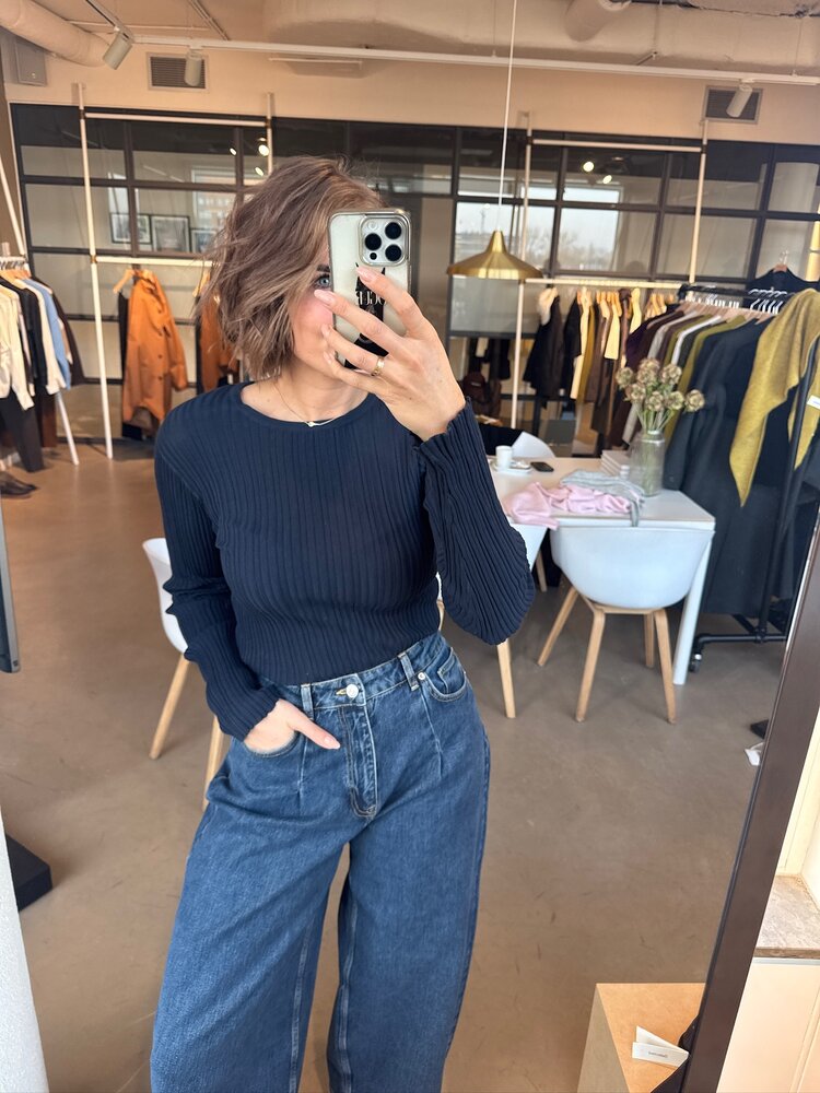 Selected Femme Toledo LS Knit Structure O Neck Dark Sapphire