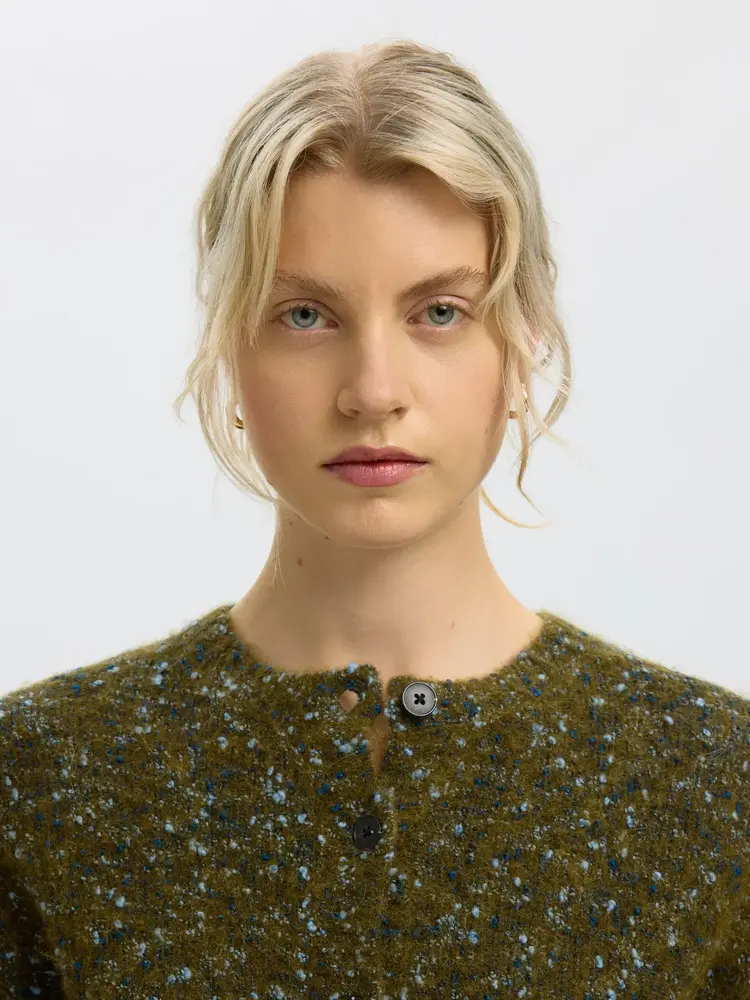 Selected Femme Kat LS Knit Short. cardigan Fir Green/Navy And L