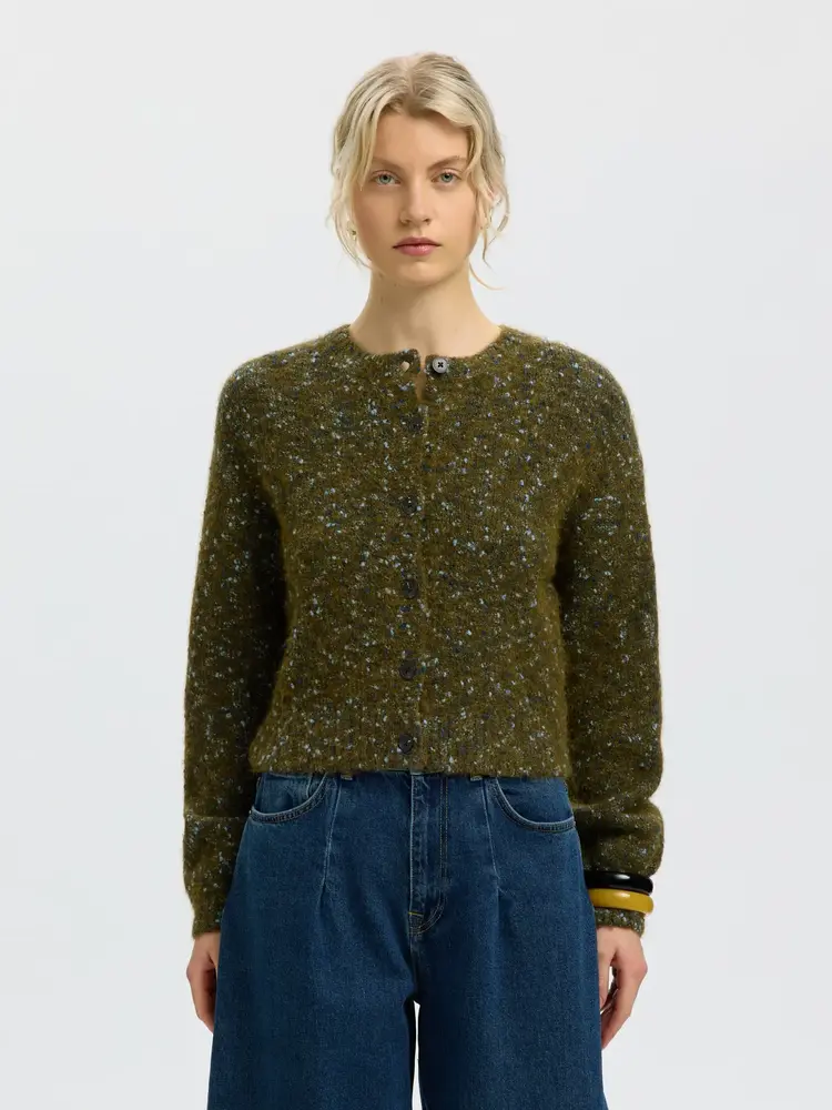 Selected Femme Kat LS Knit Short. cardigan Fir Green/Navy And L