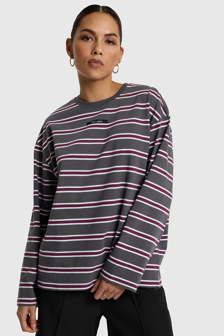 Alix The Label Ladies Knitted Stripe Longsleeve T-Shirt Antracite
