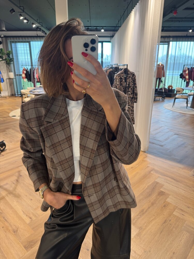 Alix The Label Ladies Woven Cropped Check Blazer Warm Brown