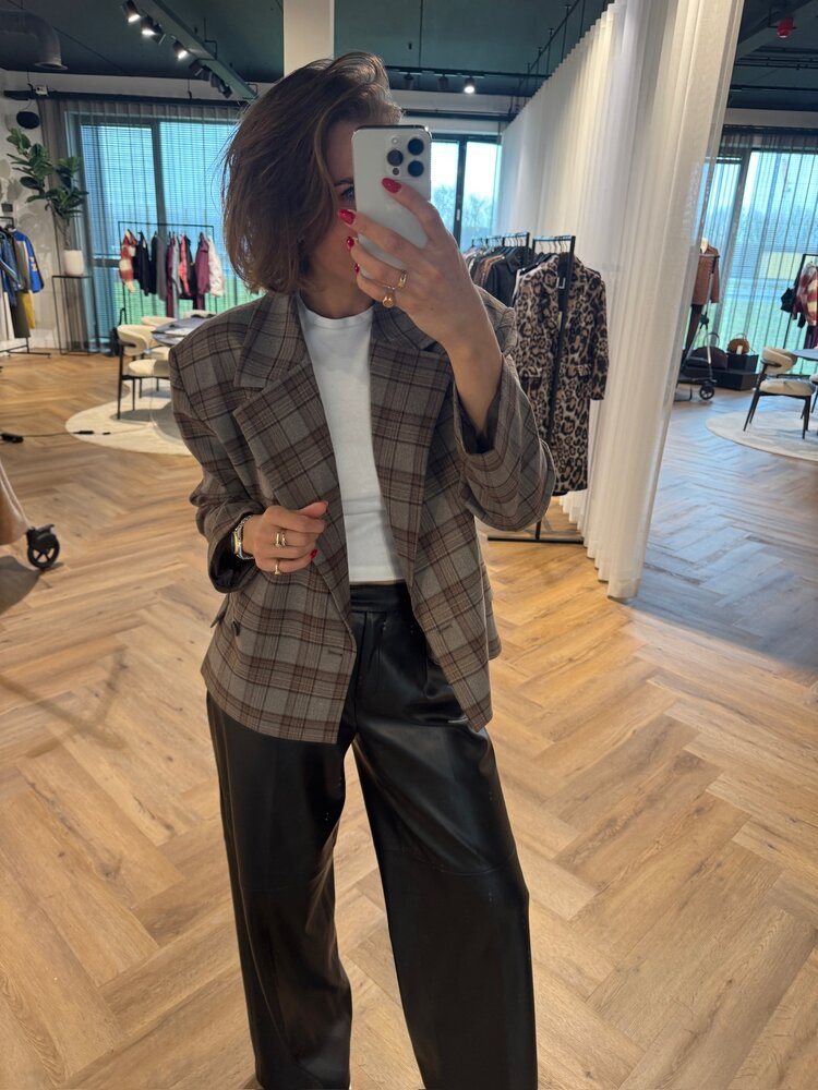 Alix The Label Ladies Woven Cropped Check Blazer Warm Brown