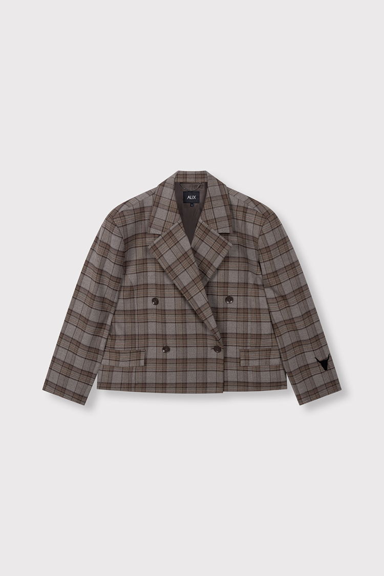 Alix The Label Ladies Woven Cropped Check Blazer Warm Brown