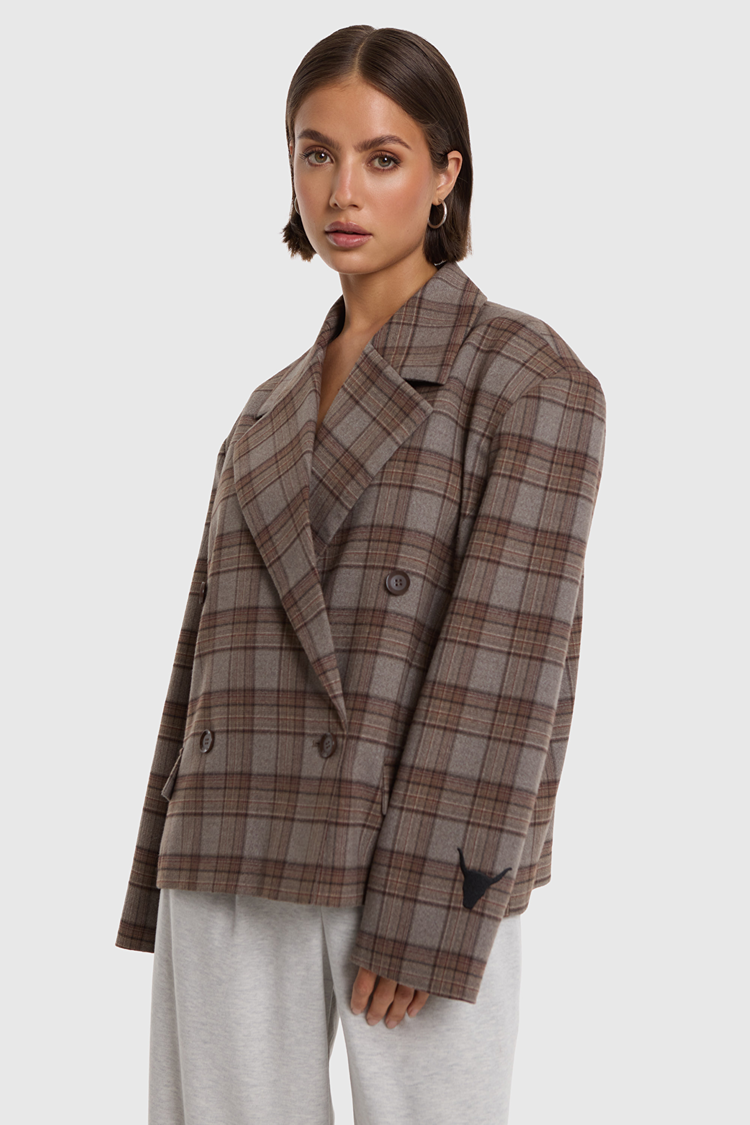 Alix The Label Ladies Woven Cropped Check Blazer Warm Brown