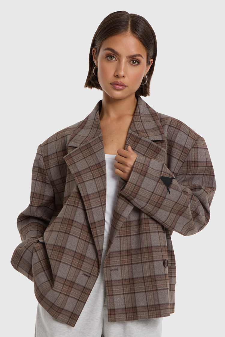 Alix The Label Ladies Woven Cropped Check Blazer Warm Brown