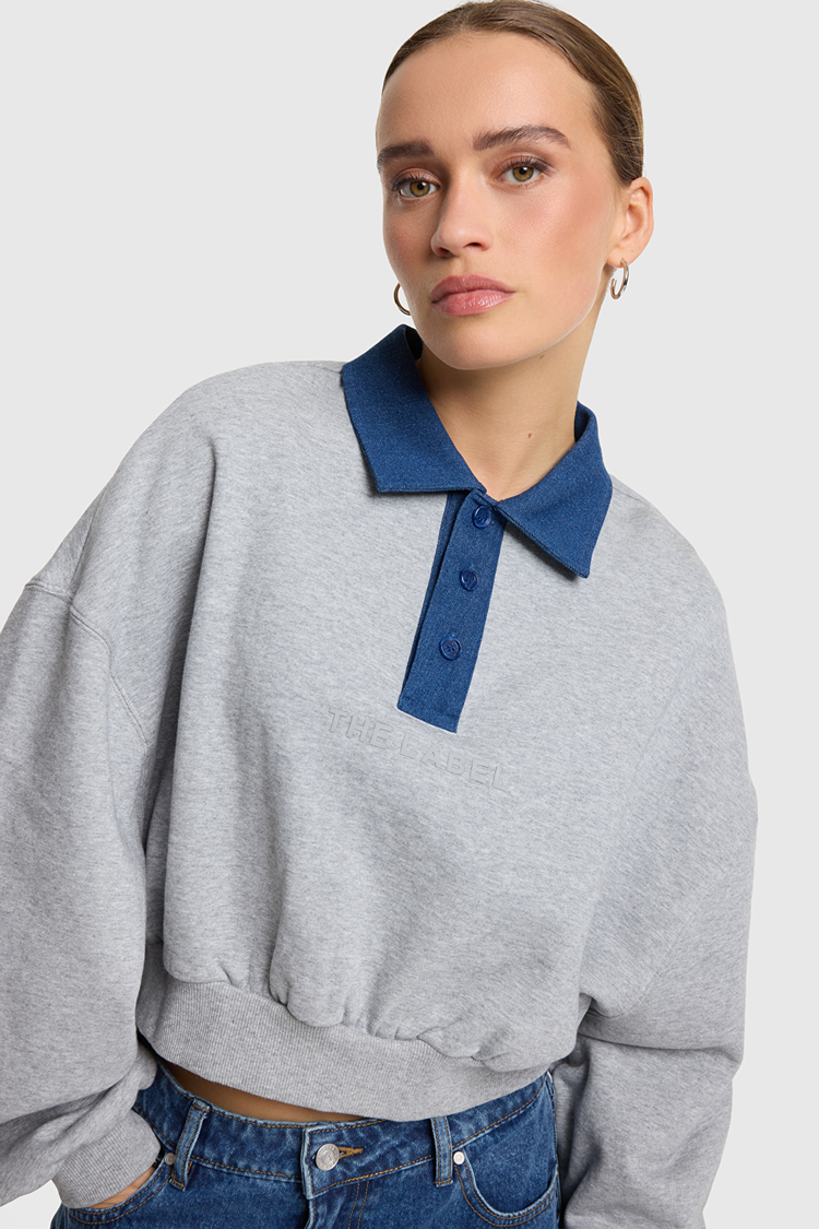 Alix The Label Ladies Knitted Polo Sweater Soft Grey Melange