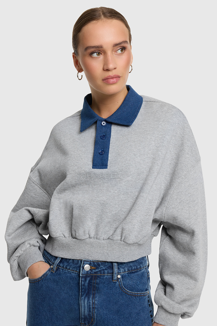 Alix The Label Ladies Knitted Polo Sweater Soft Grey Melange