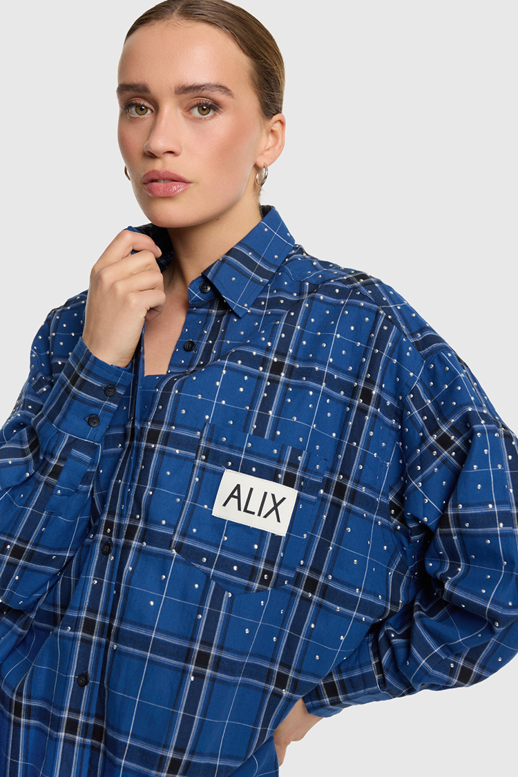 Alix The Label Ladies Woven Studded Check Blouse Dress Dark Blue