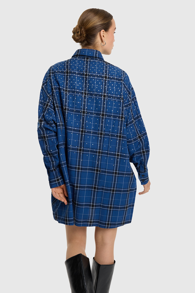 Alix The Label Ladies Woven Studded Check Blouse Dress Dark Blue