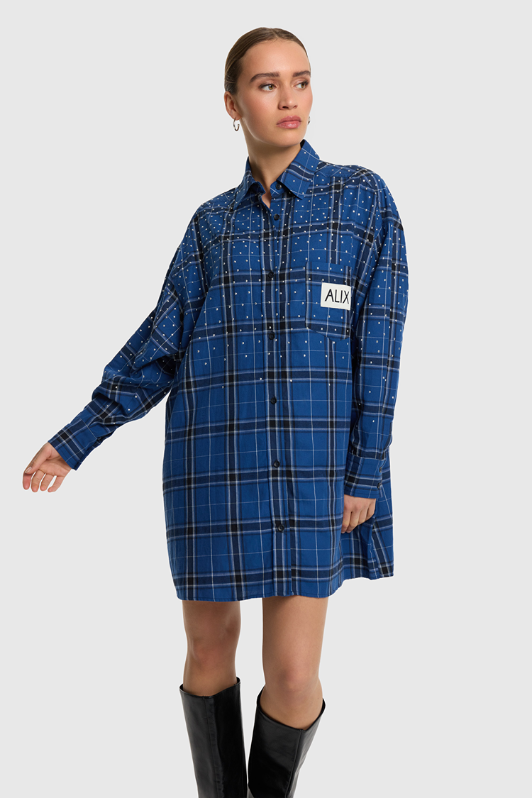 Alix The Label Ladies Woven Studded Check Blouse Dress Dark Blue
