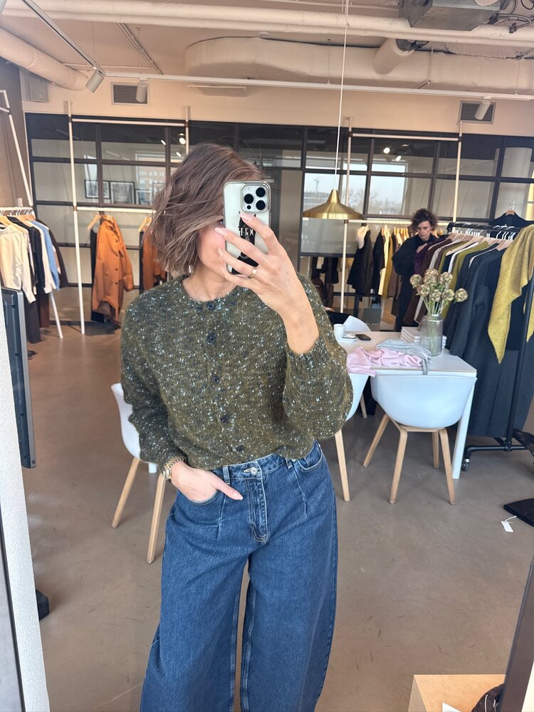 Selected Femme Kat LS Knit Short. cardigan Fir Green/Navy And L