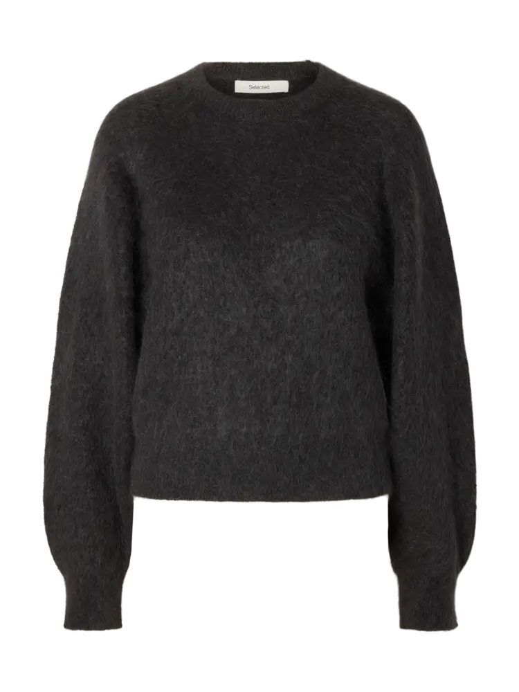 Selected Femme Mira LS Knit Short O-Neck Noos Asphalt