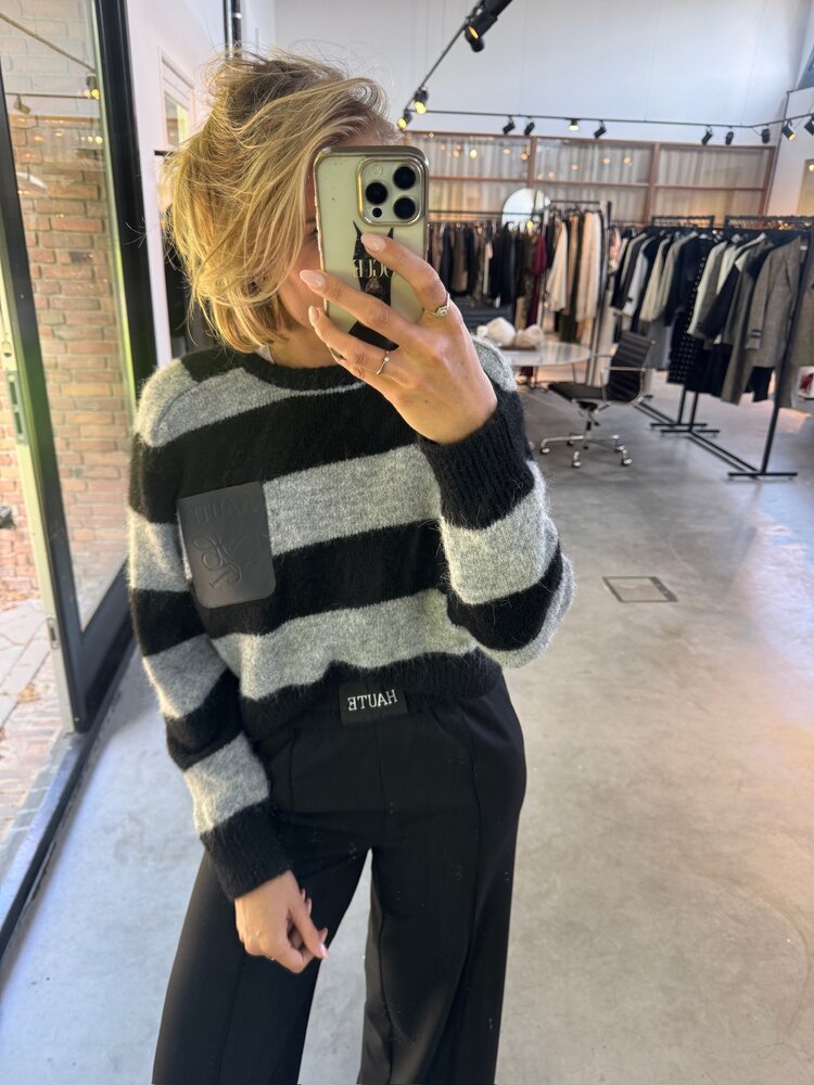 Haute L'Amitié Darcia Stripe Crop Pocket Knit Black Grey Mix