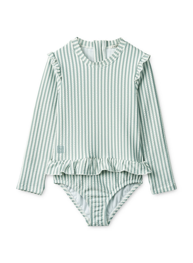 Sille seersucker swimsuit - Y/D stripe: Sea blue/white