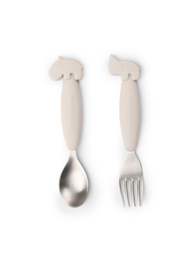Easy-grip spoon and fork set Deer friends Sand