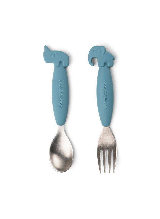 Easy-grip spoon and fork set Deer friends Blue