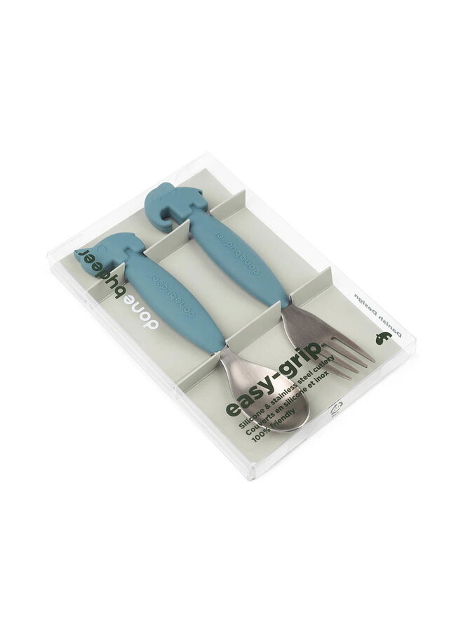 Easy-grip spoon and fork set Deer friends Blue