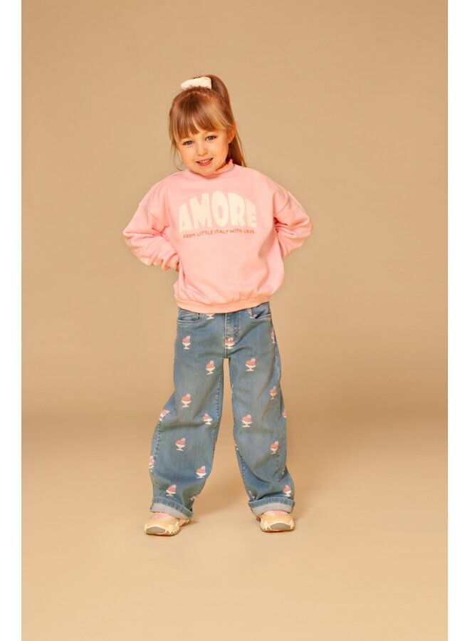 girls wide leg printed denim | 8220