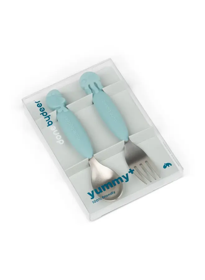 Easy-grip spoon and fork set Sea friends Blue