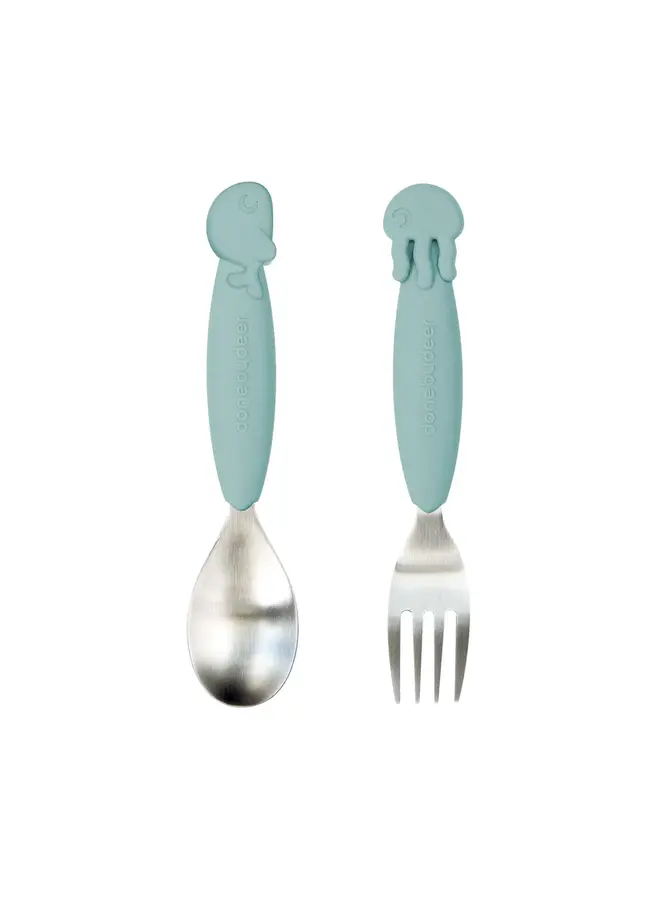 Easy-grip spoon and fork set Sea friends Blue