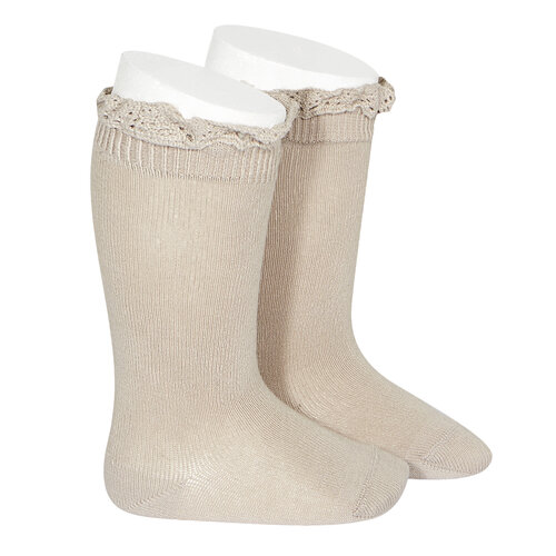 CONDOR knee socks with lace edging socks - stone