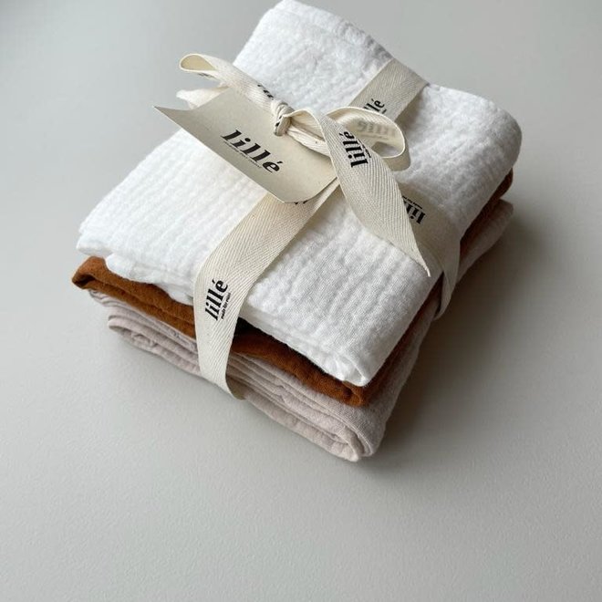 3 pack muslin cloths - caramel, cream, beige