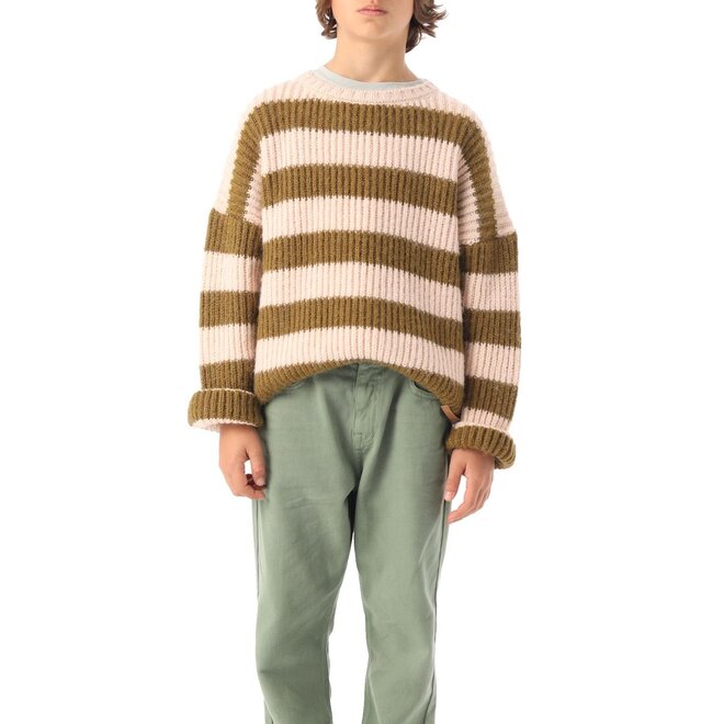 knitted sweater - green & ecru  stripes