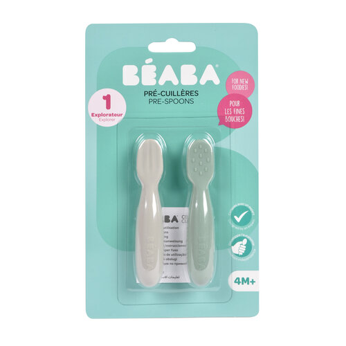 BEABA set van 2 siliconen oefenlepels - sage green/velvet grey