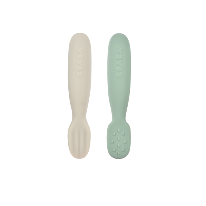 set van 2 siliconen oefenlepels - sage green/velvet grey