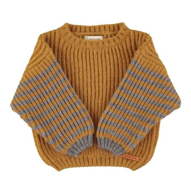 knitted sweater - camel & grey stripes