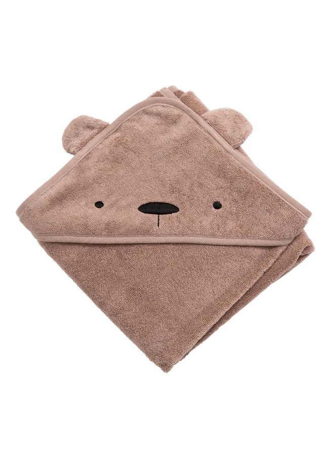 Terry hooded towel, Milo the bear, rustic plum