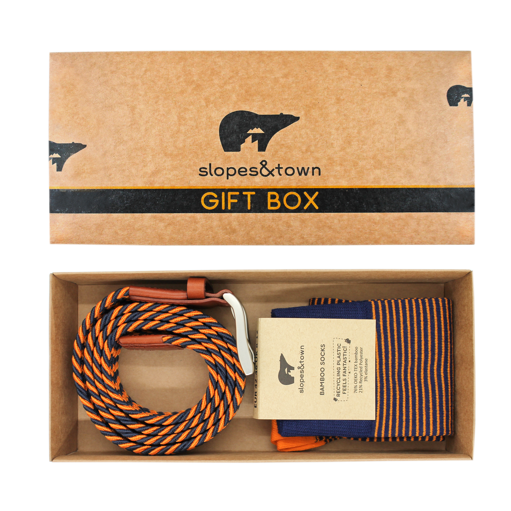 Slopes and Town ORANGE/BLUE GIFT BOX BELT EMLYN AND BAMBOO SOCKS