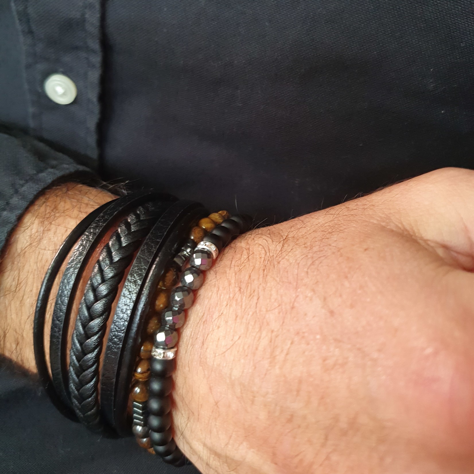 Eve's Gifts Schwarze Lederarmbänder Kombi mit Edelstahlverschluss XS