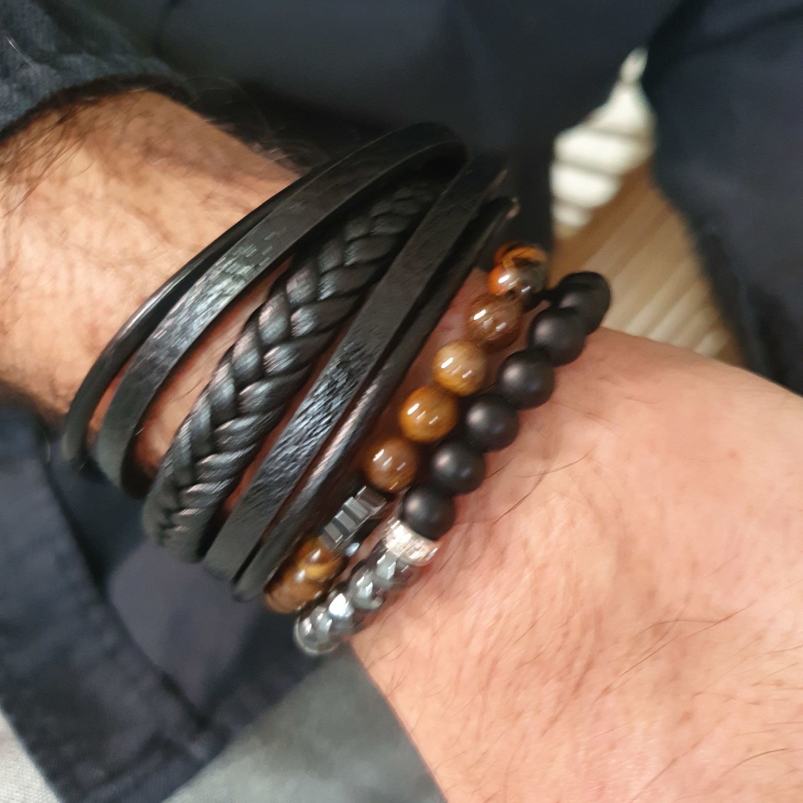 Eve's Gifts Black leather bracelets combi with stainless steel clasp XS